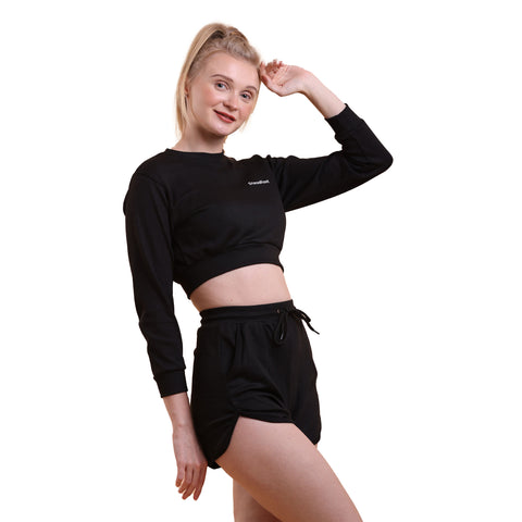 #Choose Your Set_DEEP BLACK SET - FULL SLEEVES CROP TOP & SHORTS